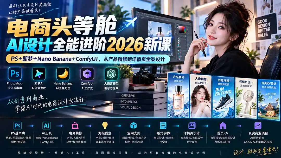 电商头等舱AI设计全能进阶2026新课：PS+即梦+Nano Banana+ComfyUI，从产品精修到详情页全案设计-天梦资源网