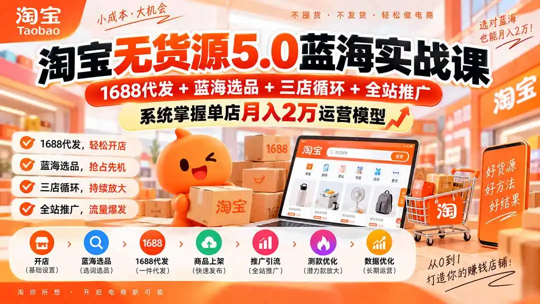 淘宝无货源5.0蓝海实战课-更新：1688代发+蓝海选品+三店循环+全站推广，系统掌握单店月入2万运营模型-天梦资源网