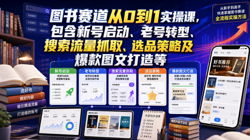 图书赛道从0到1实操课，包含新号启动、老号转型、搜索流量抓取、选品策略及爆款图文打造等-天梦资源网
