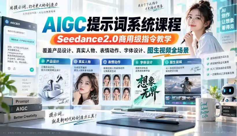 AIGC提示词系统课程，Seedance2.0商用级指令教学，覆盖产品设计、真实人物、表情动作、字体设计、图生视频全场景-天梦资源网