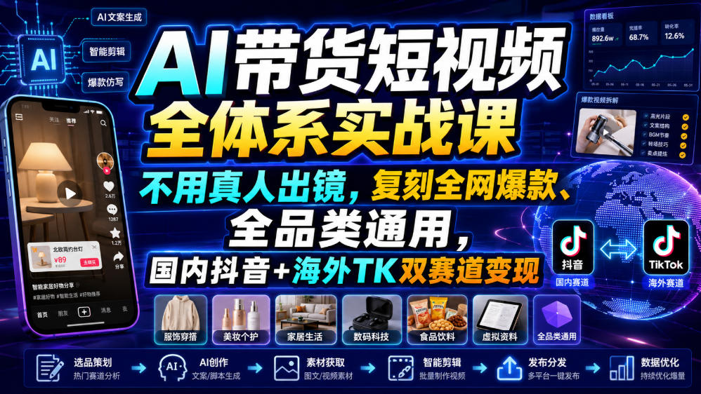 AI带货短视频全体系实战课，不用真人出镜，复刻全网爆款、全品类通用，国内抖音+海外TK双赛道变现-天梦资源网